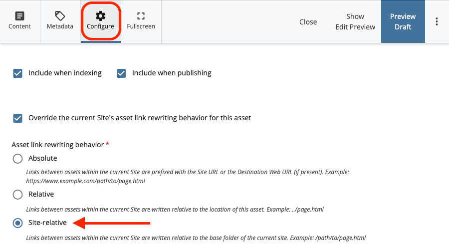 Highlights the Configure button and Site-Relative link rewriting option for an asset in Cascade
