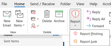 screen capture of how to report a spam email